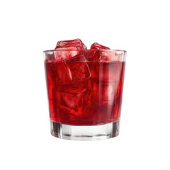 A glass filled with red beverage and ice cubes. set against a clean white background. the refreshing drinks clarity and color. ideal for beverage marketing or culinary use