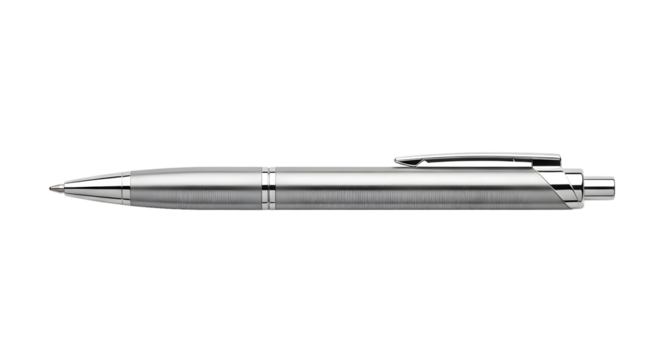 A sleek metallic ballpoint pen, a plain writing object isolated on a clean white background with no shadow, logo, or text for professional and corporate use