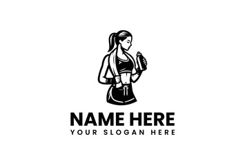 Athletic Woman Holding Water Bottle Ready for Workout Silhouette Logo.