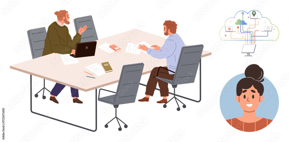 Poster two colleagues discussing work at a table with laptops and documents, connected to a digital network