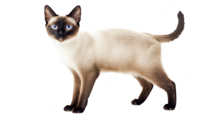 A graceful Siamese cat with striking blue eyes stands elegantly on a white background. its unique coat pattern and poised demeanor. ideal for pet photography or animal-themed content