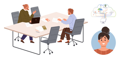 Two colleagues discussing work at a table with laptops and documents, connected to a digital network. Portrait of a remote participant. Ideal for teamwork, collaboration, remote work, technology