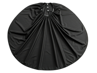 Black circular salon cape with snap buttons for hairdressing on a transparent background