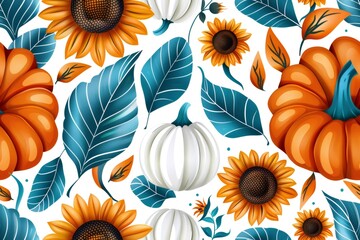 Autumn harvest pattern with pumpkins and sunflowers