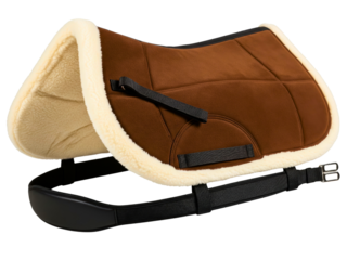 Brown equestrian saddle pad with a soft fleece lining on a transparent background