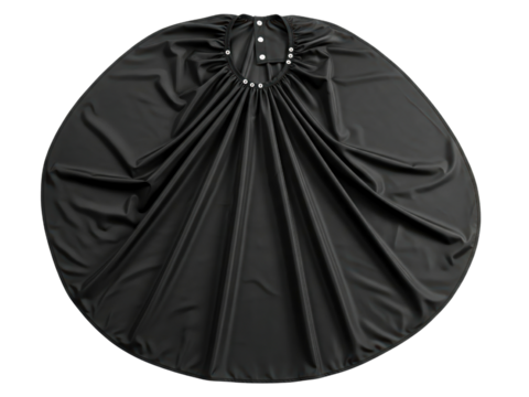 Black circular salon cape with snap buttons for hairdressing on a transparent background