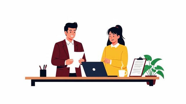 Flat vector of two business people discussing document isolated on white background business meeting and teamwork concept business