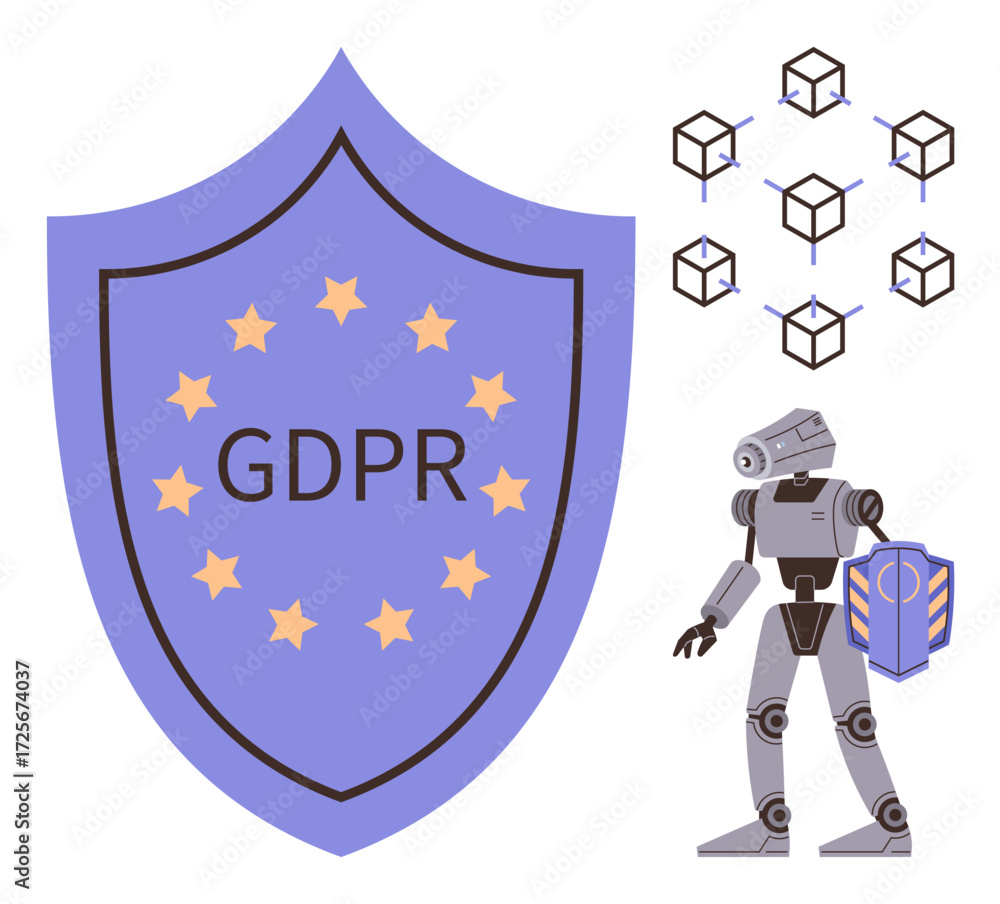 Poster large gdpr shield surrounded by stars, a robot carrying a cybersecurity shield, and icons representi