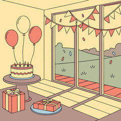 Celebrate with Joyful Birthday Party Setup Featuring Cake, Balloons, and Gifts Ready for a Special Celebration, Perfect for Invitation Designs and Party Themes