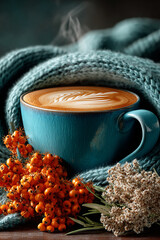 High-quality photo of a hot coffee latte with latte art in a turquoise ceramic cup, surrounded by fresh sea buckthorn berries, dried flowers and a soft knitted blanket. Cozy autumn still life composit
