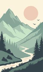 Peaceful mountain landscape with river and birds, serene nature scene, calm outdoor adventure, wanderlust travel poster design, quiet alpine vista