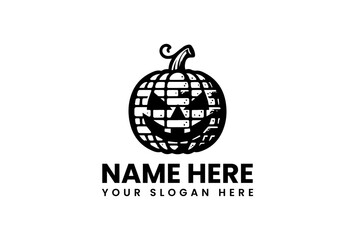 Black and White Halloween Pumpkin Logo with BrickLike Texture and Text.
