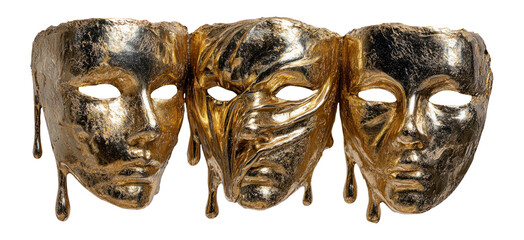 Elegant Golden Three-Face Mask Sculpture with Unique and Intricate Designs