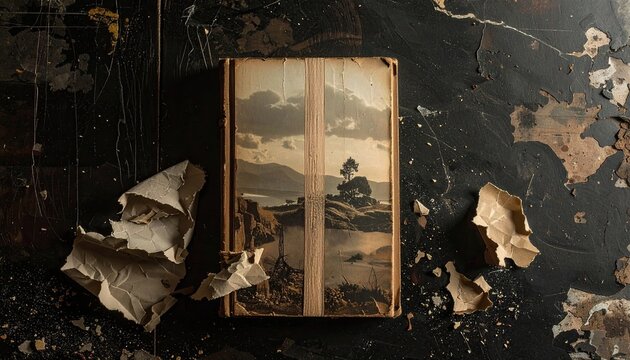 Vintage book on a weathered surface.  Faded cover with a sepia-toned landscape image of a lake and trees.  Torn pages and paper scraps surround it. Dark, distressed background
