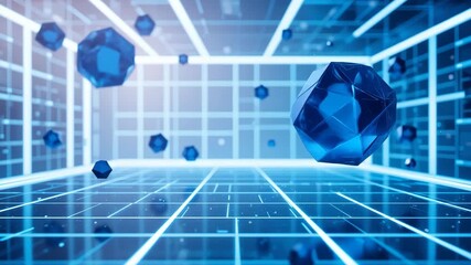 Futuristic blue geometric shapes floating in a glowing digital grid background ideal for technology innovation and business concept videos - Powered by Adobe