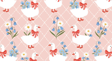 Charming seamless pattern featuring adorable white geese adorned with red bows, surrounded by delicate bluebells and daisies on a soft pink diamond background, perfect for whimsical designs.