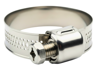 Stainless steel adjustable hose clamp with a screw mechanism on a transparent background