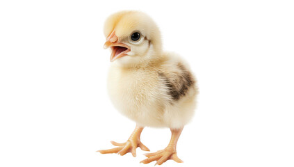 Obraz premium A fluffy yellow chick stands on a white background. chirping with its beak open. its youthful energy and innocence. perfect for nature-themed projects or educational materials