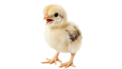 A fluffy yellow chick stands on a white background. chirping with its beak open. its youthful energy and innocence. perfect for nature-themed projects or educational materials