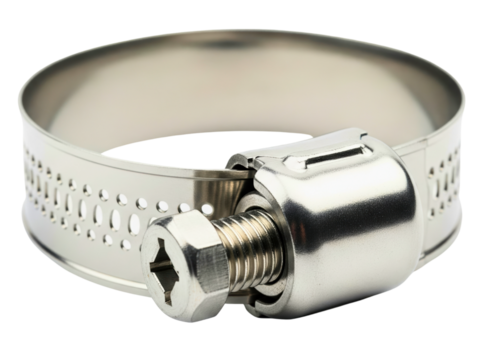 Stainless steel adjustable hose clamp with a screw mechanism on a transparent background