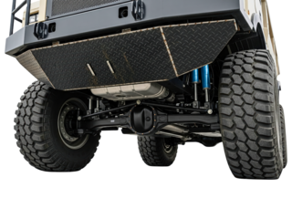 Front suspension and axle of a heavy-duty off-road truck on a transparent background