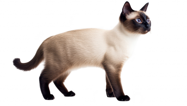 A Siamese cat gracefully walking on a clean white background. its elegant posture and striking blue eyes. perfect for pet-related content and stock photography
