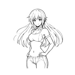 Black and white hot anime character line art illustration, stylish minimal outline drawing in clean style