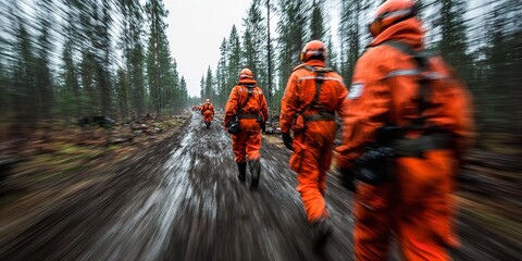 Dedicated rescue team in bright orange gear treks through a dense, muddy forest, showcasing resilience and determination in challenging environments
