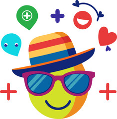 Fun smiley face with sunglasses and hat surrounded by playful icons and symbols