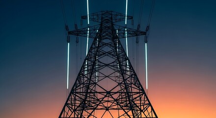 Electric Tower Silhouette at Sunset with Glowing Wires