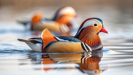 Close up of a colorful mandarin duck swimming in the lake water