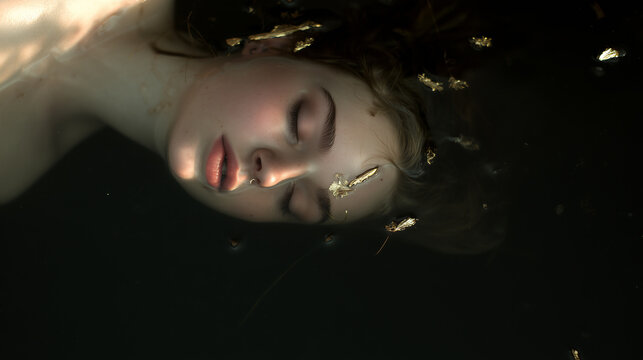 Woman peacefully floating in dark water with eyes closed, surrounded by golden reflections and soft natural light.
