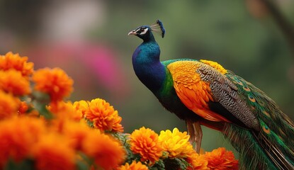 A vibrant peacock stands amidst a cluster of marigold flowers, showcasing its stunning array of colors.