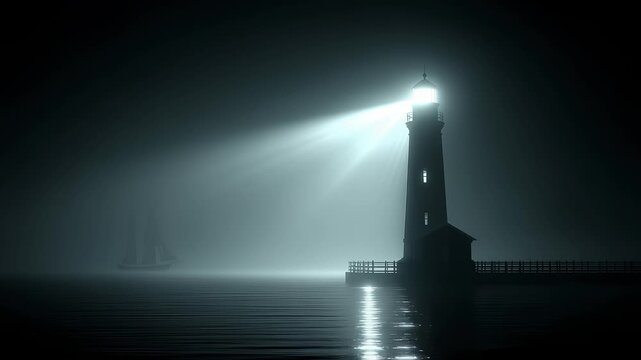 Lighthouse Guides the Way in the Mist, Guarding Ships Under the Night