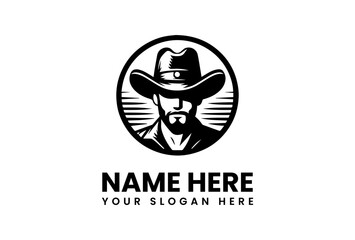 Cowboy Silhouette Logo with Hat Beard and Circular Frame Design.
