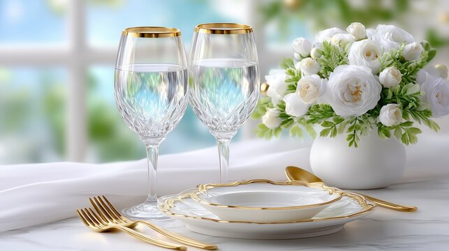 Elegant table setting with crystal glasses, gold-rimmed plates, and white rose centerpiece for a special occasion.