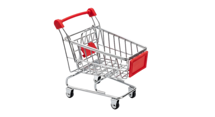 A detailed miniature shopping cart, presented as a plain object isolated on a clean white background, free of any shadow, logo, or text, in ultra high resolution for commercial and e-commerce concepts