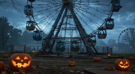 Abandoned Amusement Park with Pumpkins on Halloween