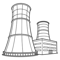 Industrial cooling towers and building outline drawing representing a power plant or factory on a white background