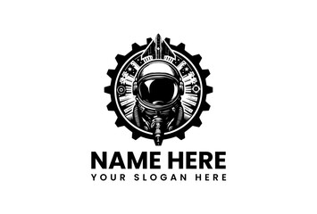 Detailed Astronaut Helmet Inside a Gear with Rocket and City Skyline.