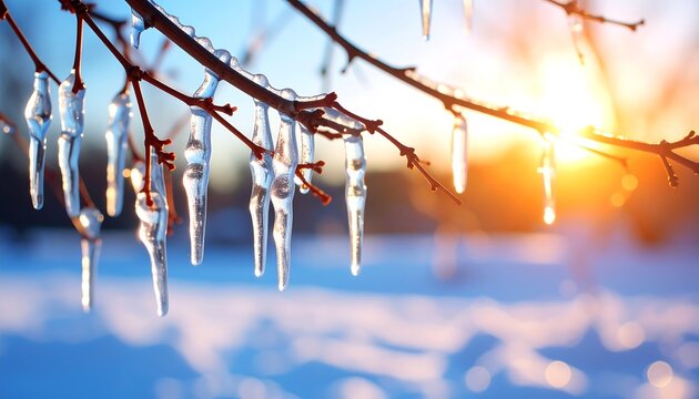 Icicles Hanging from Bare Tree Branches in Winter Sunlight