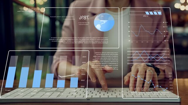 Businesswoman working on keyboard with futuristic data analytics interface and digital graphs, symbolizing business intelligence, performance tracking, and strategic data-driven decisions.