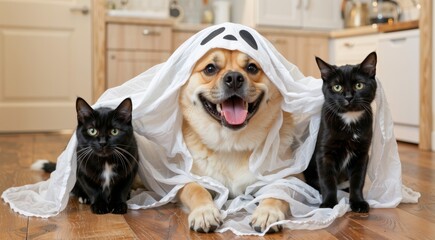 Dog in Ghost Costume with Black Cats on Halloween