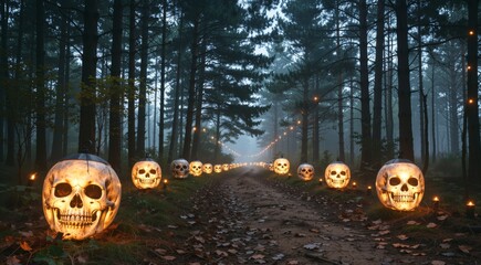 Dark Forest Path with Skull Lanterns on Halloween