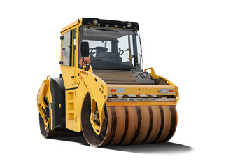 A heavy-duty road roller against an isolated background, showing off its large cylindrical drum. Ideal for construction projects and available for rental at remote locations.