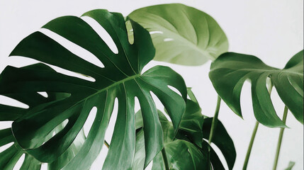 Lush green monstera leaves displayed indoors, showcasing their unique shapes and rich color in a bright setting