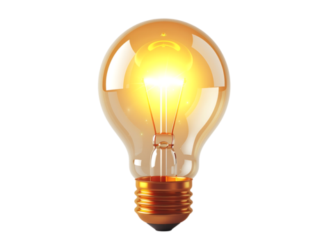 3D glowing light bulb icon isolated on transparent background. Realistic idea, innovation, and creativity symbol, perfect for business, technology, energy, inspiration, and concept design projects.