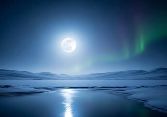 Experience the magic of the Arctic with this stunning full moon and Aurora Borealis landscape view for your project