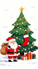 Santa Claus with Christmas Tree and Gifts in Winter Scene