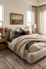 Cozy modern bedroom with natural lighting and soft textures, featuring a large bed and a pleasing color palette